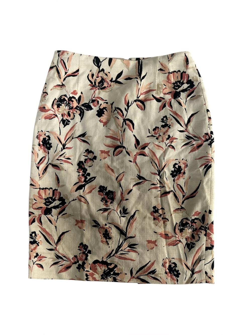 White House Black Market Cream Floral Pencil Skirt with Pink & Black Accents EUC